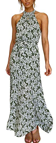 Longwu Vestido Largo Estampado Floral sin Mangas con Cuello Halter sin Mangas para Mujer Vestido Largo Plisado con cinturón Verde-S