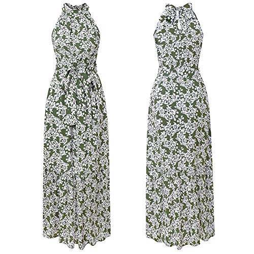 Longwu Vestido Largo Estampado Floral sin Mangas con Cuello Halter sin Mangas para Mujer Vestido Largo Plisado con cinturón Verde-S
