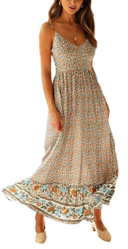 Longwu Vestido Maxi de Verano con Cuello en V Floral Sexy Boho de Las Mujeres Correa de Espagueti Ajustable sin Respaldo Cintura elástica Vestido de Verano Beige-M