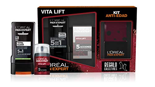 L'Oréal Men Expert Pack de Ducha Vitalift para Hombre, Incluye Gel de Ducha Total Clean 5 en 1 y Crema Hidratante Antiedad Vitalift, Calcetines de regalo