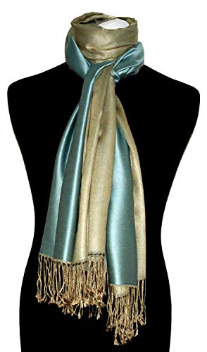 Lorenzo Cana Pashmina - Bufanda reversible para mujer, 70% seda, 30% viscosa, 70 x 190 cm, bicolor Color beige y azul. 70 x 190 cm
