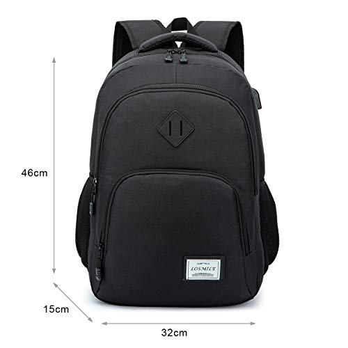 LOSMILE Mochila Portatil para Hombre Mochilas Escolares Juveniles con Puerto de Carga USB Resistente Al Agua Bolsa de Viaje Trabajo Daypacks 15.6 Pulgada (Negro)