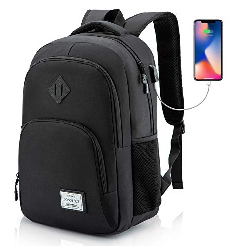 LOSMILE Mochila Portatil para Hombre Mochilas Escolares Juveniles con Puerto de Carga USB Resistente Al Agua Bolsa de Viaje Trabajo Daypacks 15.6 Pulgada (Negro)
