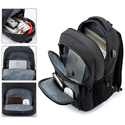 LOSMILE Mochila Portatil para Hombre Mochilas Escolares Juveniles con Puerto de Carga USB Resistente Al Agua Bolsa de Viaje Trabajo Daypacks 15.6 Pulgada (Negro)