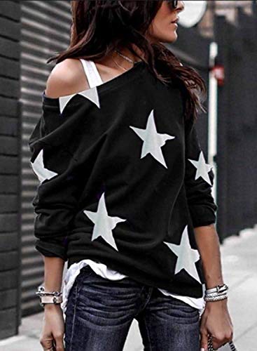 LOSRLY Jersey de manga larga con cuello redondo y hombros descubiertos, cómodo, informal, holgado, con estampado de estrellas de cinco puntas, para mujer.