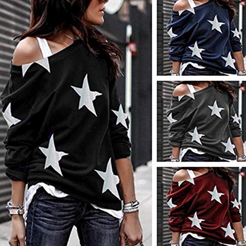 LOSRLY Jersey de manga larga con cuello redondo y hombros descubiertos, cómodo, informal, holgado, con estampado de estrellas de cinco puntas, para mujer.
