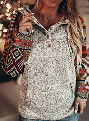 LOSRLY Sudadera de manga larga con estampado étnico para mujer, estilo casual, con cordón, con bolsillo canguro, para mujer