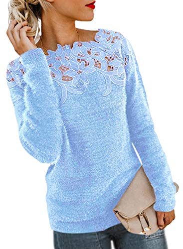 LOSRLY - Sudadera de manga larga para mujer con cuello de barco de encaje, color sólido, para otoño e invierno
