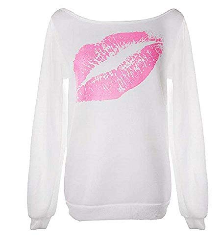 Lovelegis Sudadera para mujer con diseño de boca, camiseta de labios, beso, chica, cuello de barco, manga larga, sexy Color blanco. XXL
