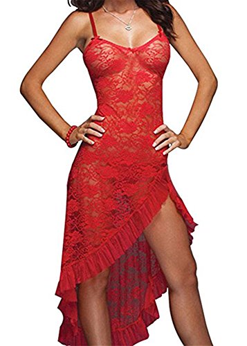 LOVELYBOBO Las Mujeres de Encaje Ropa de Dormir de la Ropa Interior más el Tamaño de Encaje de Alta Split Vestido Largo Sexy Babydoll Chemise