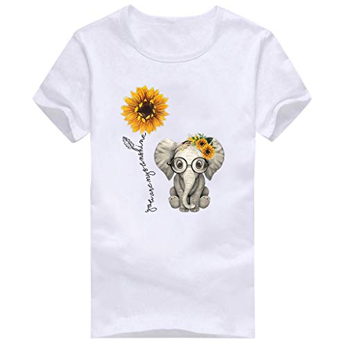 Luckycat Camisetas de Mujer Manga Corta Girasol Elefante Impresión Blusa Basica Camiseta Suelto Casual Verano T Shirt Cuello Redondo Camisa Tops Mujer 2019 Verano Camisa de Fiesta Sexy Tops de Playa