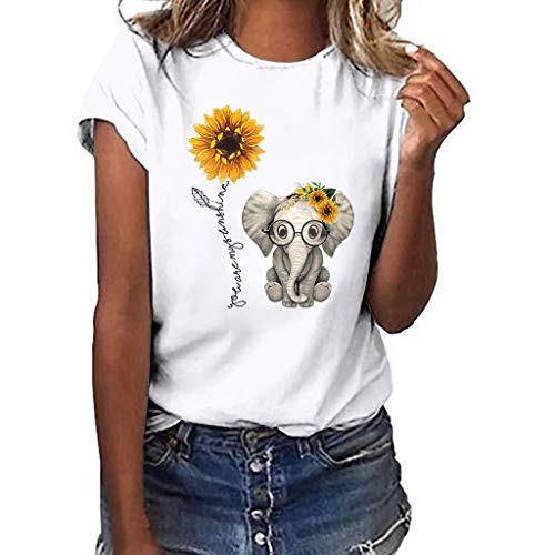 Luckycat Camisetas de Mujer Manga Corta Girasol Elefante Impresión Blusa Basica Camiseta Suelto Casual Verano T Shirt Cuello Redondo Camisa Tops Mujer 2019 Verano Camisa de Fiesta Sexy Tops de Playa