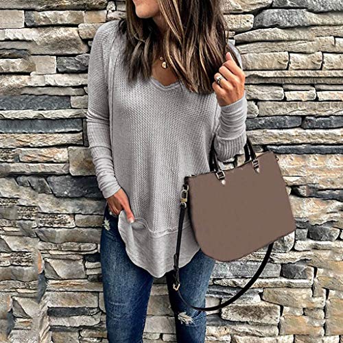 Luckycat Camisetas Mujer Manga Larga Cuello V Casual Tops Color Sólido Camisas Mujer Primavera Otoño Blusa de Las Mujeres Básica Camiseta de Manga Larga Elegantes Blusa Oficina de Tops