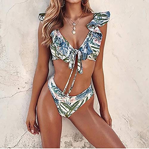 Luckycat Conjunto de Bikini Mujer 2019 Traje de Baño Volantes Correas de Espagueti Bañador Plisado Estampado Cintura Alta Ropa de Playa Tallas Grandes