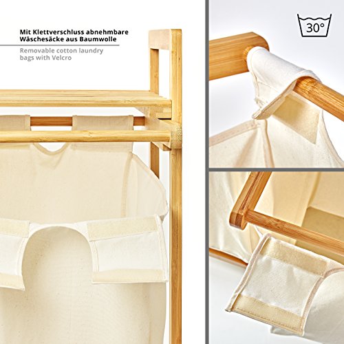 Lumaland Estantería de baño en Bambú con cesto para la Colada - Cesta para Ropa Sucia con 2 compartimientos extraibles - Mueble para el lavadero - 73 x 64 x 33 cm - Beige