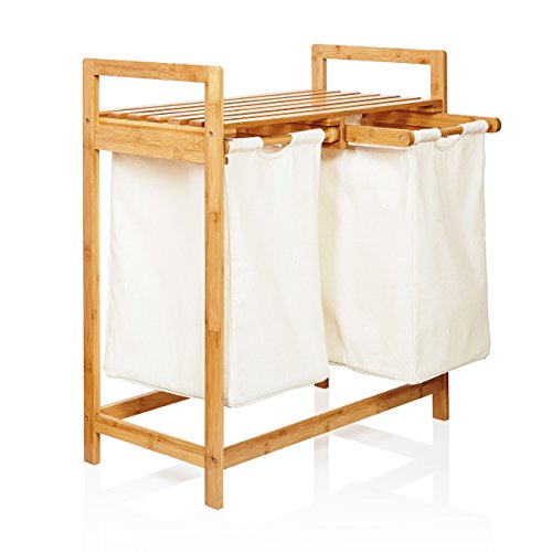 Lumaland Estantería de baño en Bambú con cesto para la Colada - Cesta para Ropa Sucia con 2 compartimientos extraibles - Mueble para el lavadero - 73 x 64 x 33 cm - Beige