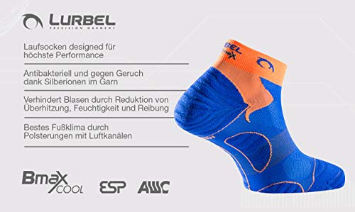 Lurbel Tiwar: Calcetines cortos de deporte para correr con canales de circulación del aire, ligeramente acolchados, para hombre y mujer, azul-naranja, 39-42