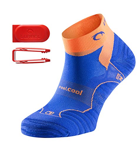 Lurbel Tiwar: Calcetines cortos de deporte para correr con canales de circulación del aire, ligeramente acolchados, para hombre y mujer, azul-naranja, 39-42