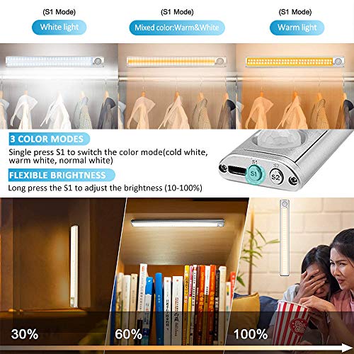 Luz Armario, 160 LED Escalera Luces con Sensor de Movimiento, Lámpara Nocturna Pasillo USB Recargable Inalámbrica con Adhesiva Magnética, 3 Modos, Incluir Mini lectura Luz, para Garaje Gabinete