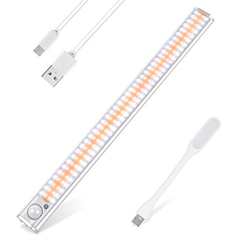 Luz Armario, 160 LED Escalera Luces con Sensor de Movimiento, Lámpara Nocturna Pasillo USB Recargable Inalámbrica con Adhesiva Magnética, 3 Modos, Incluir Mini lectura Luz, para Garaje Gabinete