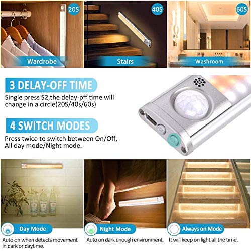 Luz Armario, 160 LED Escalera Luces con Sensor de Movimiento, Lámpara Nocturna Pasillo USB Recargable Inalámbrica con Adhesiva Magnética, 3 Modos, Incluir Mini lectura Luz, para Garaje Gabinete