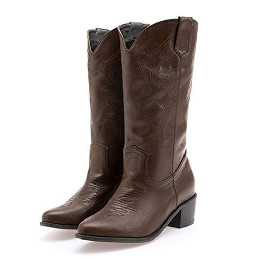 Lydee Mujer Moda Western Boots Ankle High Block Heels Pull on Botas cortas Animal Print Dark-Brown Talla 38