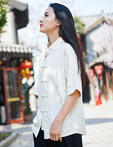 LZJN - Blusa de manga corta para mujer, estilo chino, algodón, lino, botones