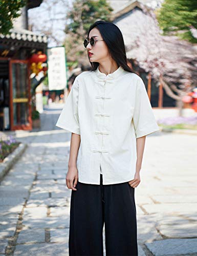 LZJN - Blusa de manga corta para mujer, estilo chino, algodón, lino, botones