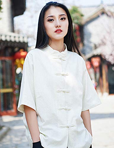 LZJN - Blusa de manga corta para mujer, estilo chino, algodón, lino, botones