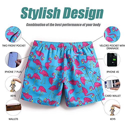 MaaMgic Hombre Bañador de Playa Ropa de Baño Short de Natación Tropical Vacaciones y Viajes en Verano con Bolsillos Azul Flamenco Rosa M