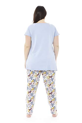 Mabel Intima Pijama Mujer Verano Tallas Grandes. Varios Estampados. Manga Corta y pantalón Largo Tallas Grandes Azul Celeste y Estampado Flores Talla 62