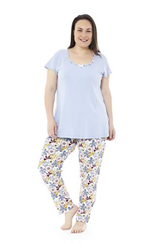 Mabel Intima Pijama Mujer Verano Tallas Grandes. Varios Estampados. Manga Corta y pantalón Largo Tallas Grandes Azul Celeste y Estampado Flores Talla 62