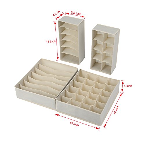 Magicfly Set de 4 Organizadores de Cajones, Organizadores de Ropa Interior Sujetadores Calzoncillos Bragas, Cajas Organizadoras de Tela Plegables, Separadores de Cajones, Beige