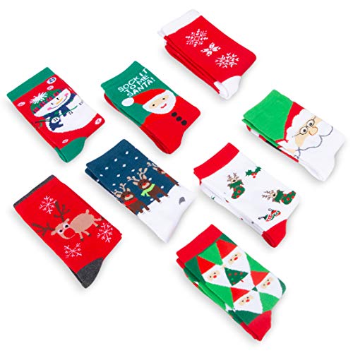 Magicfun Calcetines de Navidad, 8 Pares Calcetines de Cálidos Algodón de invierno, Calcetines de Dibujos Animados Reno de Santa Claus, Familia de Navidad con Exquisita Caja de Regalo