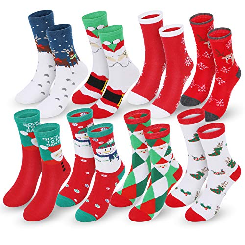 Magicfun Calcetines de Navidad, 8 Pares Calcetines de Cálidos Algodón de invierno, Calcetines de Dibujos Animados Reno de Santa Claus, Familia de Navidad con Exquisita Caja de Regalo
