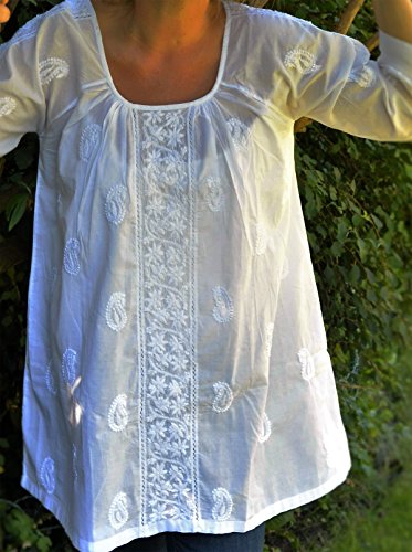 Maharanis Kurti A--Linie - Blusa de algodón puro bordado a mano Blanco M