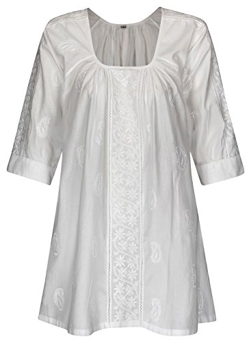Maharanis Kurti A--Linie - Blusa de algodón puro bordado a mano Blanco M