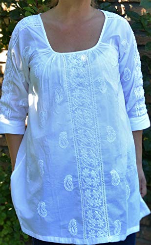 Maharanis Kurti A--Linie - Blusa de algodón puro bordado a mano Blanco M