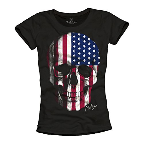 MAKAYA Camiseta Bandera Americana Mujer - Calavera Estados Unidos - Negra L