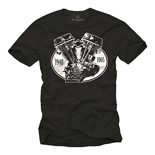 MAKAYA Camiseta con Motor Harley - Panhead - Hombre Negra L