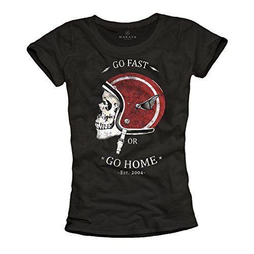 MAKAYA GO Fast OR GO Home - Camisetas de Mujer Casco Moto con Calavera - Negras S