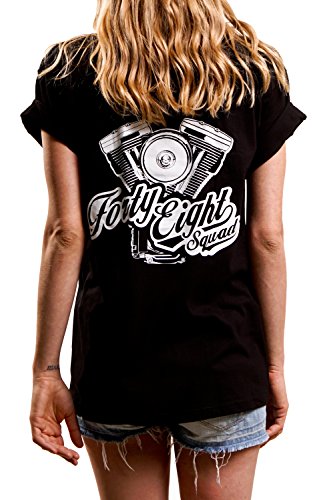 MAKAYA Oversize Top Impresión en el Pecho y en la Espalda - Moto Motor - Camiseta para Mujer Negro Talla Grande M