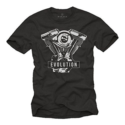 MAKAYA Ropa Moto Hombre - Evolution - Camiseta Motera T-Shirt Evolucion Motor Davidson Negro L