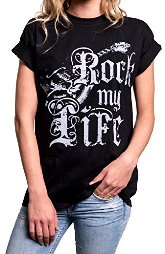 MAKAYA Top con Guitarra Estilo Oversize - Mensaje Rock my Life - Camiseta Musica Punk Rock para Mujer Negro M
