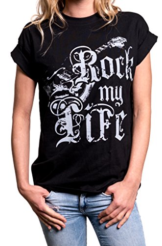 MAKAYA Top con Guitarra Estilo Oversize - Mensaje Rock my Life - Camiseta Musica Punk Rock para Mujer Negro M