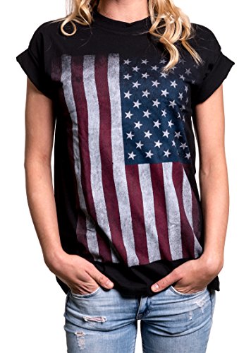 MAKAYA Top Talla Grande Bandera Estados Unidos - USA Flag - Camiseta para Mujer Estilo Oversize Negro M