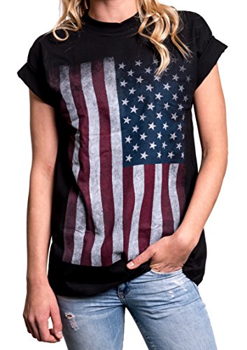 MAKAYA Top Talla Grande Bandera Estados Unidos - USA Flag - Camiseta para Mujer Estilo Oversize Negro M