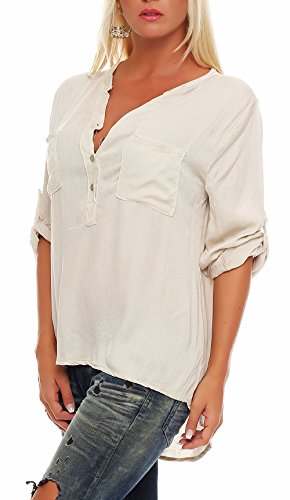 Malito Blusa con V-Neck Safari 3/4 Túnica Parte Superior Top Oversized 9015 Mujer Talla Única (Beige)