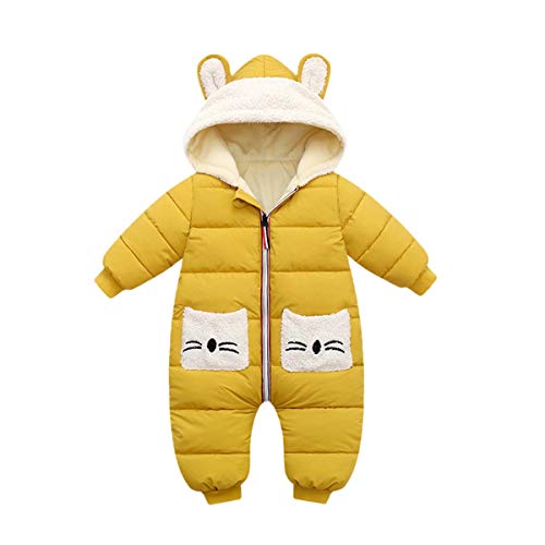 Mameluco con Capucha para Bebés Niños Niñas Traje de Nieve de Invierno Monos Abrigo Algodón Manga Larga Bolsillo Regalo Recién Nacido 2-3 años,Amarillo