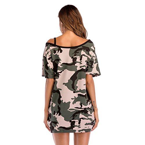 Manga Corta Asimétrico con Aberturas Hombros al Descubierto Descubiertos Aire Ejército Militar Camo Camuflaje T-Shirt Camiseta Playera tee Top Verde L